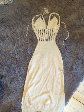 White Fox Boutique Cream Crochet Backless Maxi Dress